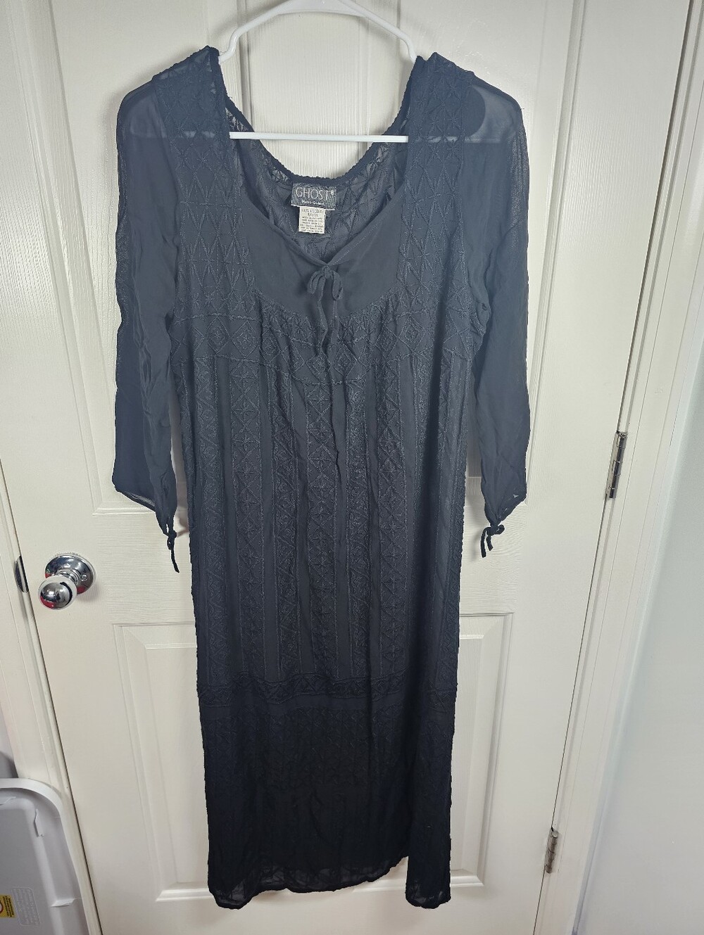 Vintage Vtg Ghost London 90s Whimsigoth Viscose Black Embroidered Dress Size M